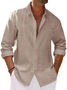 Men's Khaki Button Down Cotton Linen Long Sleeve Casual Collared Beach Shirt